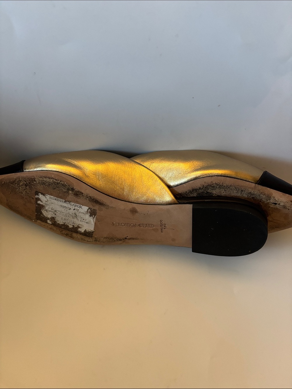 Veronica Beard Metallic Gold and Black Pointed Leather Mules - Picture 7 of 9